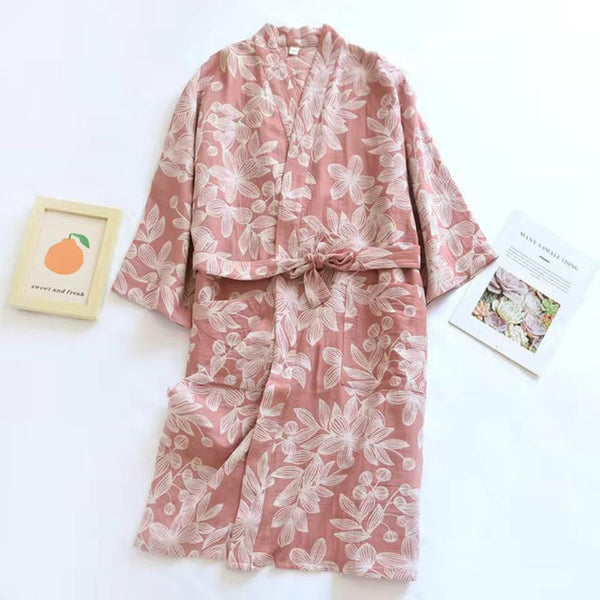 Weicher Kimono-Bademantel mit Blumendruck und langen Ärmeln