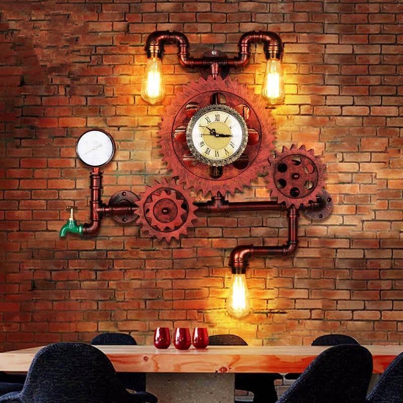 Retro-Wanduhr mit Rohrzahnrad mit Vintage-Leuchten