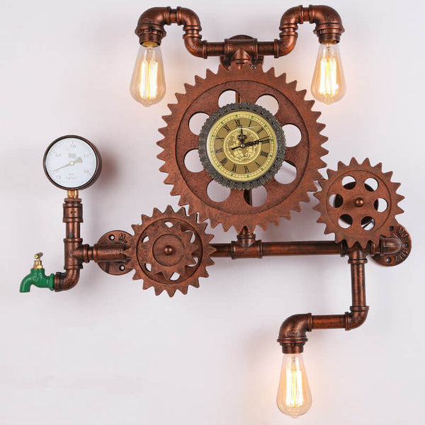 Retro-Wanduhr mit Rohrzahnrad mit Vintage-Leuchten