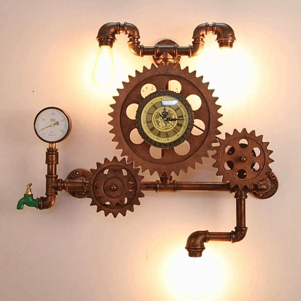 Retro-Wanduhr mit Rohrzahnrad mit Vintage-Leuchten