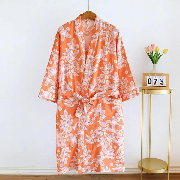 Weicher Kimono-Bademantel mit Blumendruck und langen Ärmeln