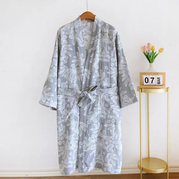 Weicher Kimono-Bademantel mit Blumendruck und langen Ärmeln