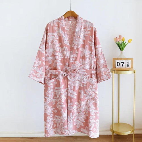 Weicher Kimono-Bademantel mit Blumendruck und langen Ärmeln