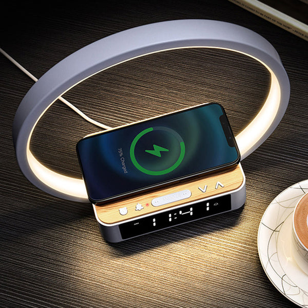 Moderner LED-Ring-Wecker mit Tischlampe und kabelloser Ladefunktion