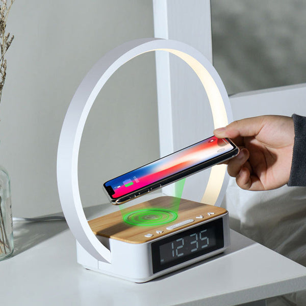 Moderner LED-Ring-Wecker mit Tischlampe und kabelloser Ladefunktion