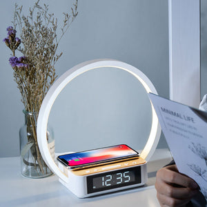 Moderner LED-Ring-Wecker mit Tischlampe und kabelloser Ladefunktion