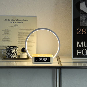 Moderner LED-Ring-Wecker mit Tischlampe und kabelloser Ladefunktion