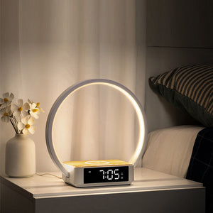 Moderner LED-Ring-Wecker mit Tischlampe und kabelloser Ladefunktion