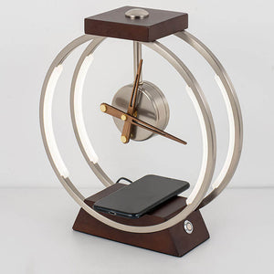 Moderne LED-Tischlampe mit kabelloser Ladefunktion und Uhr